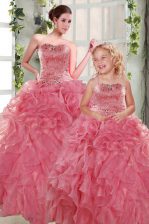 Traditional Rose Pink Sleeveless Floor Length Beading and Ruffles Lace Up 15th Birthday Dress