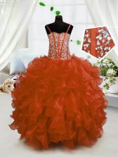  Organza Spaghetti Straps Sleeveless Lace Up Beading and Ruffles Little Girls Pageant Dress Wholesale in Rust Red