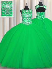 Delicate Scoop Floor Length Green Quince Ball Gowns Tulle Sleeveless Beading