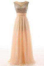  Scoop Peach Backless Prom Dresses Beading and Belt Sleeveless Floor Length