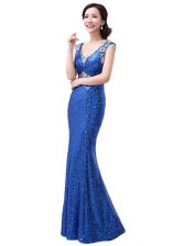  Royal Blue V-neck Neckline Sequins Prom Dress Sleeveless Zipper