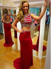  Red Chiffon Backless Scoop Sleeveless Floor Length Prom Dress Sequins