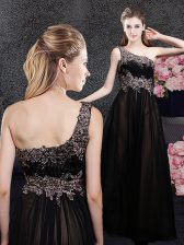  Empire Dress for Prom Black One Shoulder Tulle Sleeveless Floor Length Side Zipper