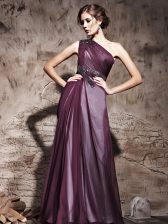  Purple One Shoulder Neckline Beading and Ruching Prom Gown Sleeveless Side Zipper