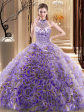  Halter Top With Train Lace Up Sweet 16 Dresses Multi-color for Military Ball and Sweet 16 and Quinceanera with Beading Brush Train
