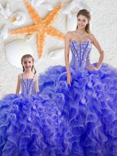 Custom Fit Organza Sweetheart Sleeveless Lace Up Beading and Ruffles Quince Ball Gowns in Blue