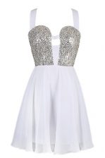 White Chiffon Criss Cross Prom Party Dress Sleeveless Knee Length Sequins