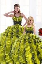 Customized Sweetheart Sleeveless Organza Quince Ball Gowns Beading and Appliques and Ruffles Lace Up