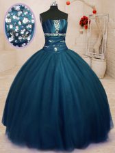 Custom Design Floor Length Navy Blue Ball Gown Prom Dress Strapless Sleeveless Lace Up