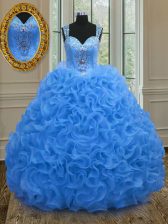  Blue Straps Zipper Beading and Ruffles Quince Ball Gowns Sleeveless