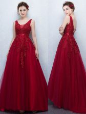 Excellent Tulle V-neck Sleeveless Brush Train Backless Appliques and Belt Evening Dress in Wine Red