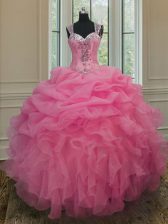  Straps Sleeveless Beading and Ruffles Zipper Quinceanera Gown