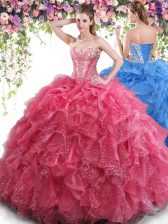 Perfect Sleeveless Floor Length Beading and Ruffles Lace Up Quinceanera Dresses with Coral Red