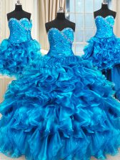 Traditional Four Piece Blue Sleeveless Floor Length Beading and Ruffles and Ruching Lace Up Quince Ball Gowns