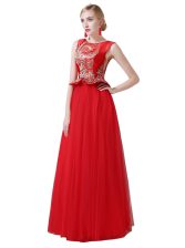 Adorable Scoop Floor Length Red Prom Evening Gown Tulle Sleeveless Beading and Appliques