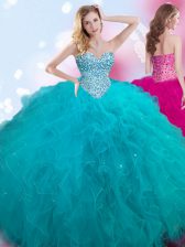  Teal Sleeveless Tulle Lace Up 15th Birthday Dress for Military Ball and Sweet 16 and Quinceanera