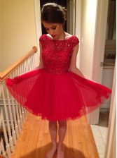 Hot Sale Beading Dress for Prom Red Zipper Cap Sleeves Knee Length