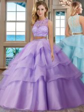  Scoop Sleeveless Vestidos de Quinceanera Floor Length Beading and Appliques and Ruffled Layers Lavender Tulle