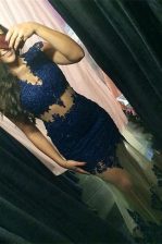 Luxury Mermaid Navy Blue Scoop Zipper Beading and Lace Prom Gown Sweep Train Cap Sleeves