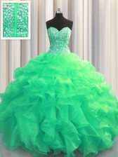 Beautiful Visible Boning Turquoise Sweetheart Neckline Beading and Ruffles Quinceanera Dress Sleeveless Lace Up