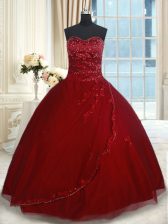  Wine Red Tulle Lace Up Quinceanera Gowns Sleeveless Floor Length Beading and Appliques