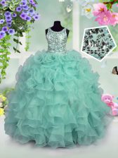 Hot Sale Scoop Turquoise Sleeveless Ruffles and Sequins Floor Length Pageant Gowns For Girls