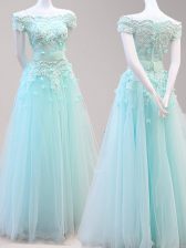 Latest Off the Shoulder Light Blue Zipper Beading and Appliques Cap Sleeves Floor Length