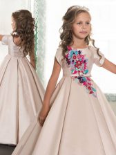 Custom Design Scoop Champagne Short Sleeves Appliques Floor Length Child Pageant Dress