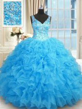  Blue Ball Gowns Organza V-neck Sleeveless Beading and Ruffles Floor Length Zipper Quinceanera Gown