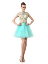  Scoop Knee Length Zipper Prom Dress Aqua Blue for Prom and Party with Beading