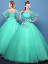  Scoop Turquoise Organza Lace Up Quince Ball Gowns Half Sleeves Floor Length Appliques