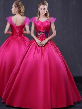 Stylish Satin Cap Sleeves Floor Length Sweet 16 Dresses and Appliques