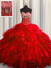 Sweetheart Sleeveless Brush Train Lace Up Sweet 16 Quinceanera Dress Red Organza