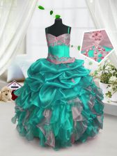 Trendy Sleeveless Organza Floor Length Lace Up Kids Pageant Dress in Turquoise with Beading and Ruffles and Pick Ups