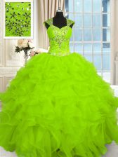 Great Lace Up Ball Gown Prom Dress Beading and Ruffles Cap Sleeves Floor Length