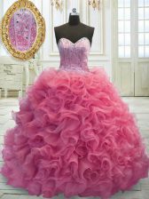 Exquisite Rose Pink Lace Up Sweet 16 Quinceanera Dress Beading and Ruffles Sleeveless Mini Length Sweep Train