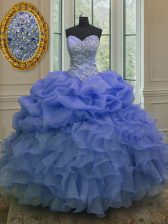 Exquisite Sleeveless Floor Length Beading and Ruffles and Pick Ups Lace Up Sweet 16 Dresses with Blue
