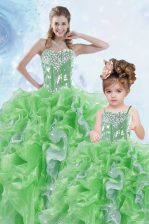 Latest Green Ball Gowns Organza Sweetheart Sleeveless Beading and Ruffles and Sequins Floor Length Lace Up Sweet 16 Dress