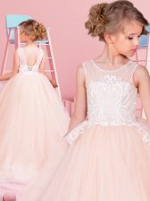 Simple Scoop Champagne Tulle Lace Up Toddler Flower Girl Dress Sleeveless With Brush Train Lace