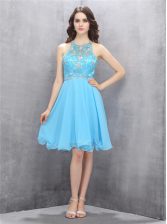 Custom Fit Blue A-line Scoop Sleeveless Chiffon Knee Length Criss Cross Beading Homecoming Dress