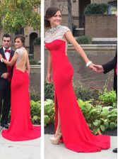 Custom Fit Cap Sleeves Chiffon Court Train Backless Prom Dresses in Coral Red with Beading