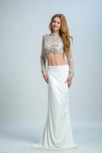  Elastic Woven Satin High-neck Long Sleeves Backless Beading Prom Gown in White