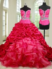 Fantastic See Through Sleeveless Organza and Taffeta With Train Chapel Train Lace Up Vestidos de Quinceanera in Coral Red with Beading and Ruffles and Pick Ups