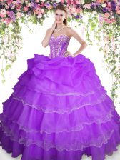  Purple Sweetheart Neckline Beading and Ruffled Layers and Pick Ups 15 Quinceanera Dress Sleeveless Lace Up