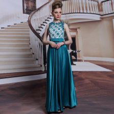 Admirable Scalloped Floor Length Teal Prom Evening Gown Satin Sleeveless Beading and Appliques