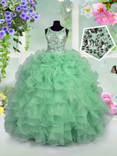 Custom Fit Scoop Apple Green Sleeveless Ruffles and Sequins Floor Length Pageant Gowns For Girls