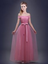  Off The Shoulder Sleeveless Tulle Dama Dress for Quinceanera Ruching and Bowknot Lace Up