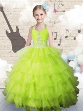  Strapless Sleeveless Little Girls Pageant Gowns Floor Length Beading and Ruffled Layers Apple Green Organza