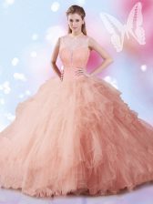 Discount Ball Gowns Quinceanera Gown Peach High-neck Tulle Sleeveless Floor Length Lace Up