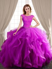  Brush Train Ball Gowns Sweet 16 Quinceanera Dress Fuchsia Scoop Tulle Cap Sleeves With Train Lace Up